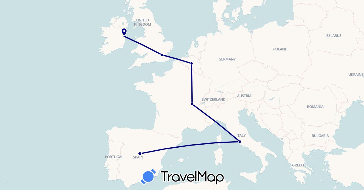 TravelMap itinerary: driving in Belgium, Spain, France, United Kingdom, Ireland, Italy (Europe)